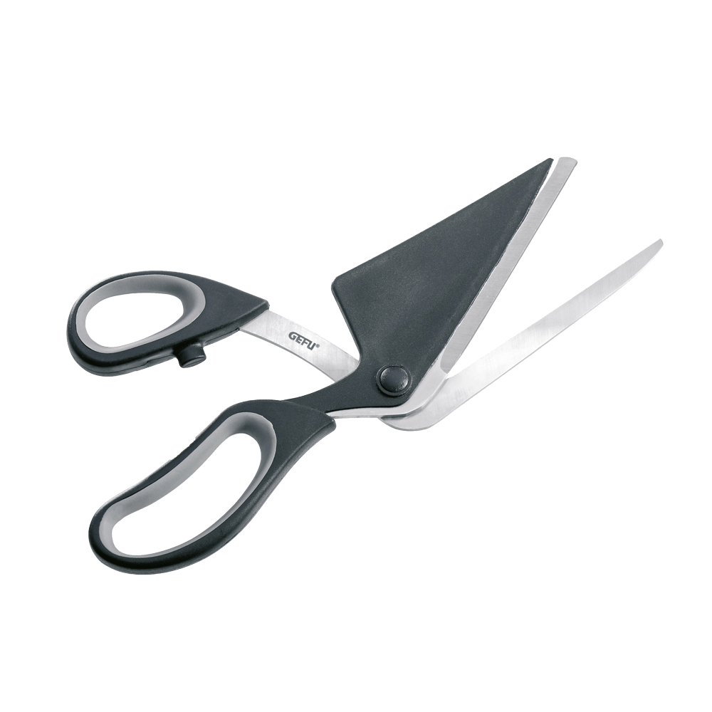 geöffnete Pizzaschere mit integriertem Heber zum Servieren