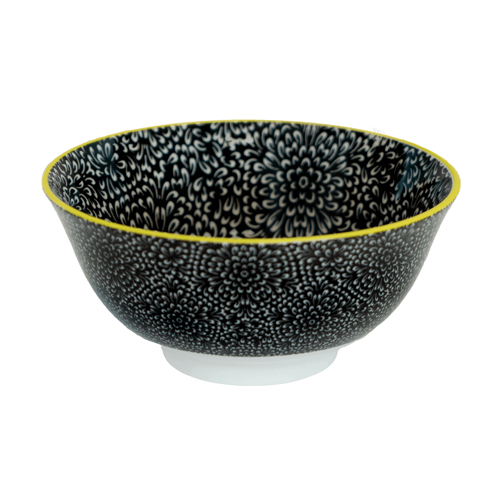 Stylische Bowl für Müsli, Porridge und viele andere leckere Frühstückskreationen Eine schwarz, gelbe Bowl ohne Hintergrund