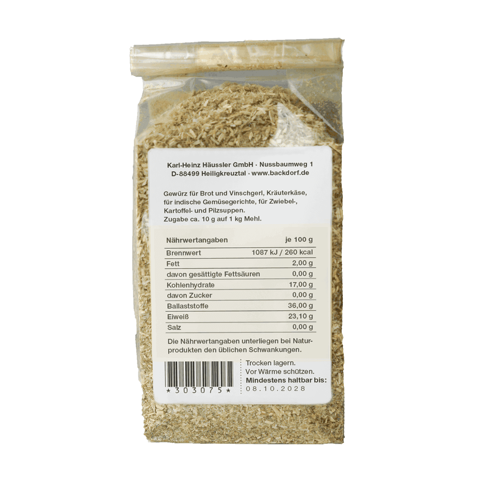 Südtiroler Brotklee in einer durchsichtigen Packung, Etikett Rückseite mit den Nährwerten