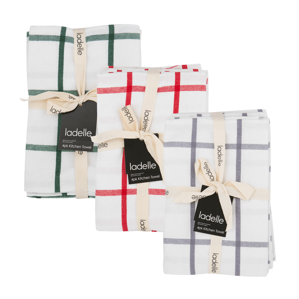 Geschirrtücher kariert Geschirrtücher in drei verschiedenen Farben nebeneinander. Alle sind zu einem Geschenk gefaltet, ohne Hintergrund.