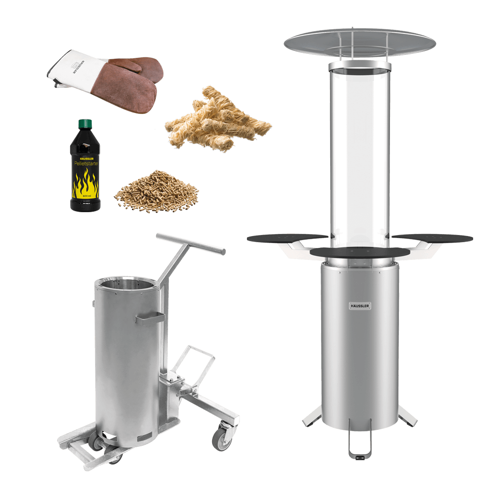 Gastro Paket Terrassenstrahler Gastro Paket mit Terrassenstrahler und umfangreichem Zubehör, welches nebeneinander ohne Hintergrund dargestellt ist.