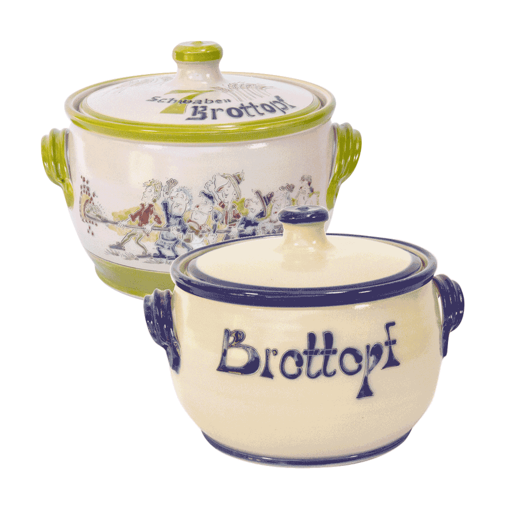 2 klassische Brottöpfe. Ein Brottopf ist mit blauem Rand und es steht in Blau Brottopf drauf. Auf dem anderen Brottopf sind die 7-Schwaben drauf und ein hellgrüner Rand.