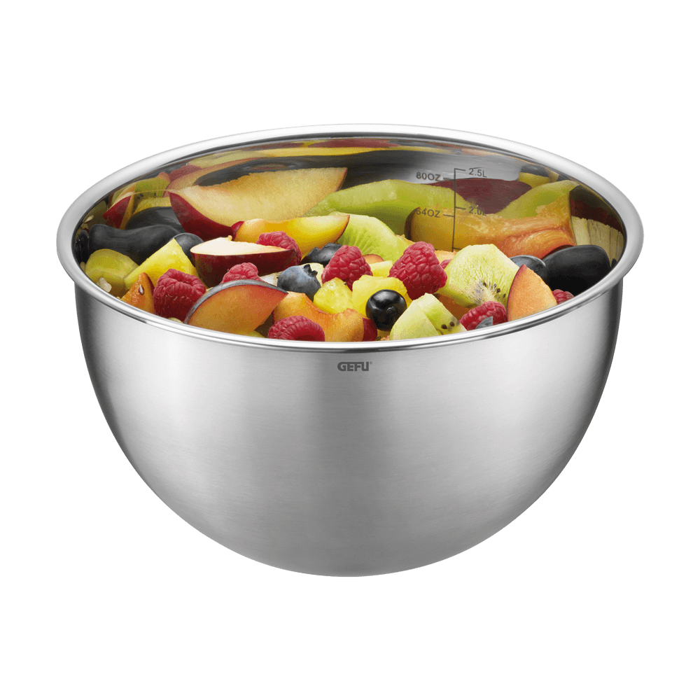 Frischhalteschüssel-Set 3-teilig Schüssel aus Edelstahl mit Obstsalat. Ohne Hintergrund abgebildet.