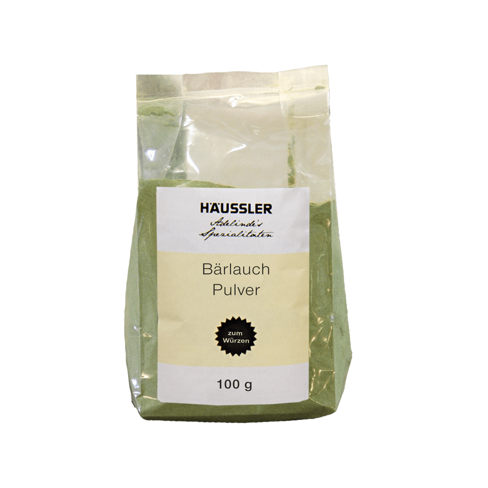 Bärlauch Pulver 500 g Durchsichtige Verpackung mit der Aufschrift Bärlauch Pulver 100 Gramm