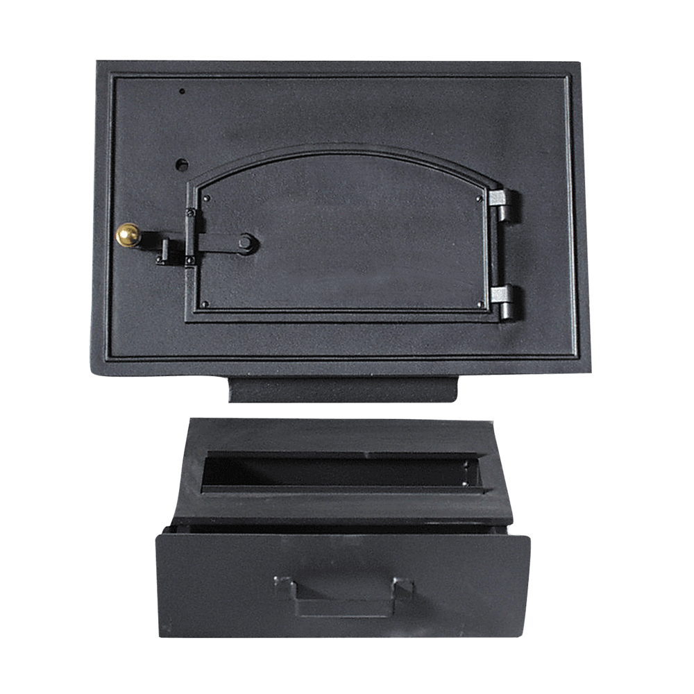 Ofentüre aus Guss zum Nachrüsten eines Holzbackofens ohne Motiv. Zusätzlich ist noch ein Aschekasten aus Guss vorhanden. Ohne Hintergrund abgebildet.