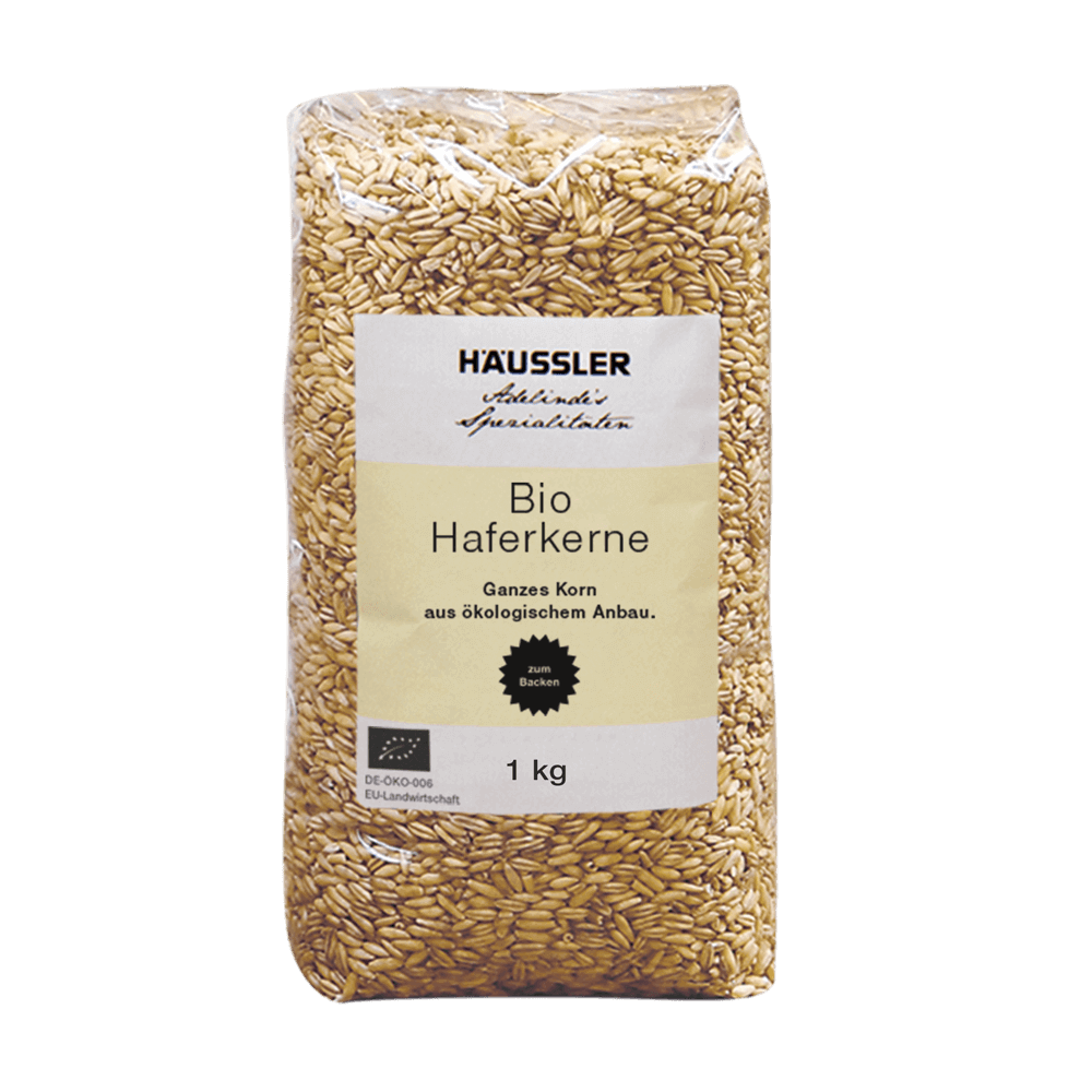 Bio Haferkerne 1 kg Durchsichtige Verpackung mit der Aufschrift: Bio Haferkerne 1 Kilogramm