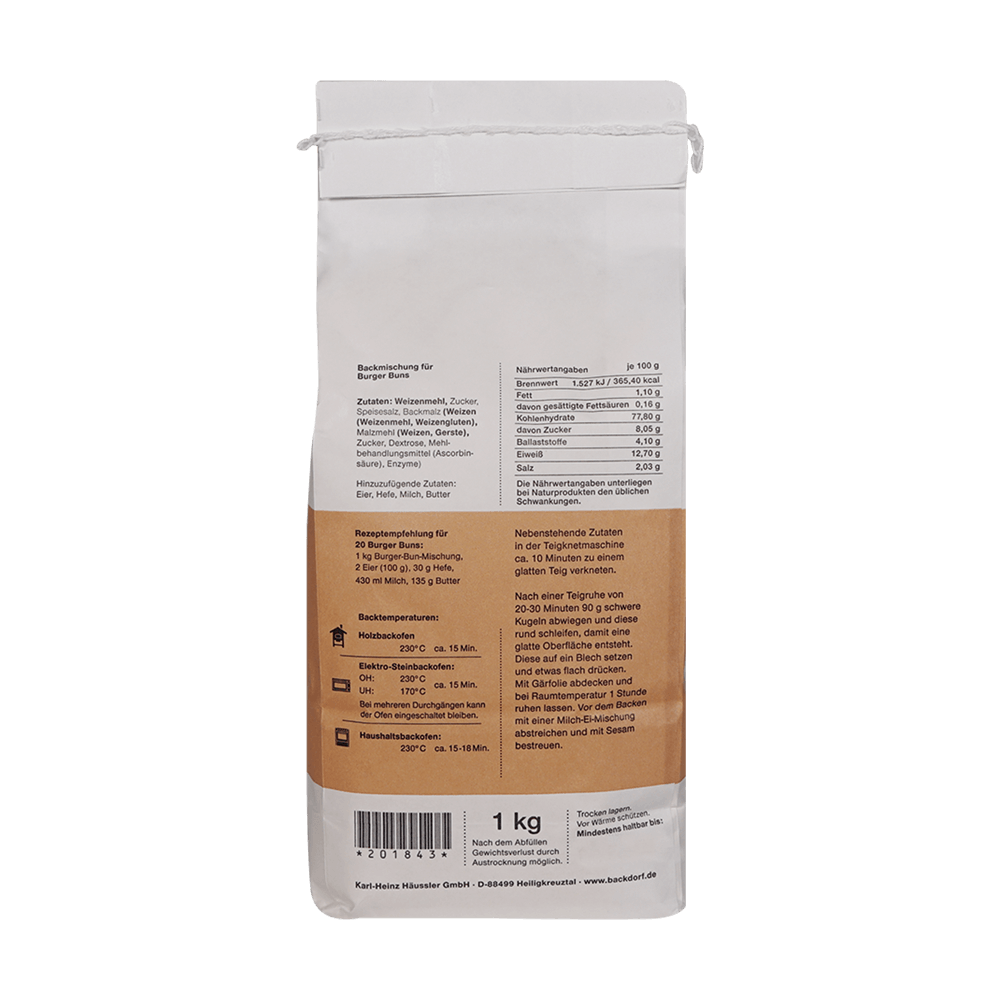 Weiße Verpackung mit einem braunen Aufkleber und der Aufschrift Burger Bun. Zusätzlich ist noch ein Burger Bun Rezept und die Nährwertangaben auf der Rückseite der Verpackung. Ohne Hintergrund abgebildet.