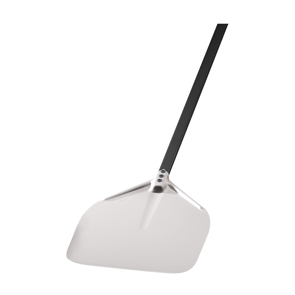 Pizzaschieber Alu Eckig Pizzaschieber aus Aluminium mit langem schwarzen Stiel, Form: eckig