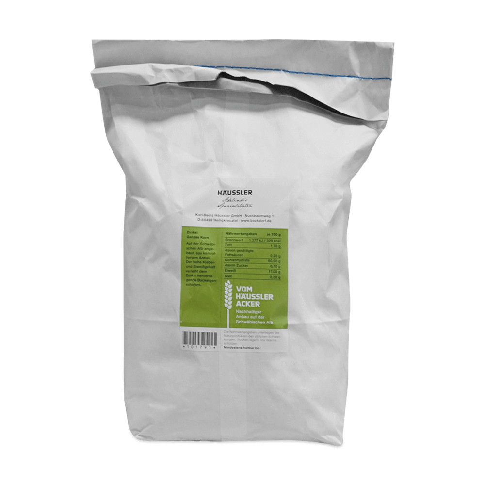 5 kg Sack "Dinkel vom Häussler Acker" Rückseite