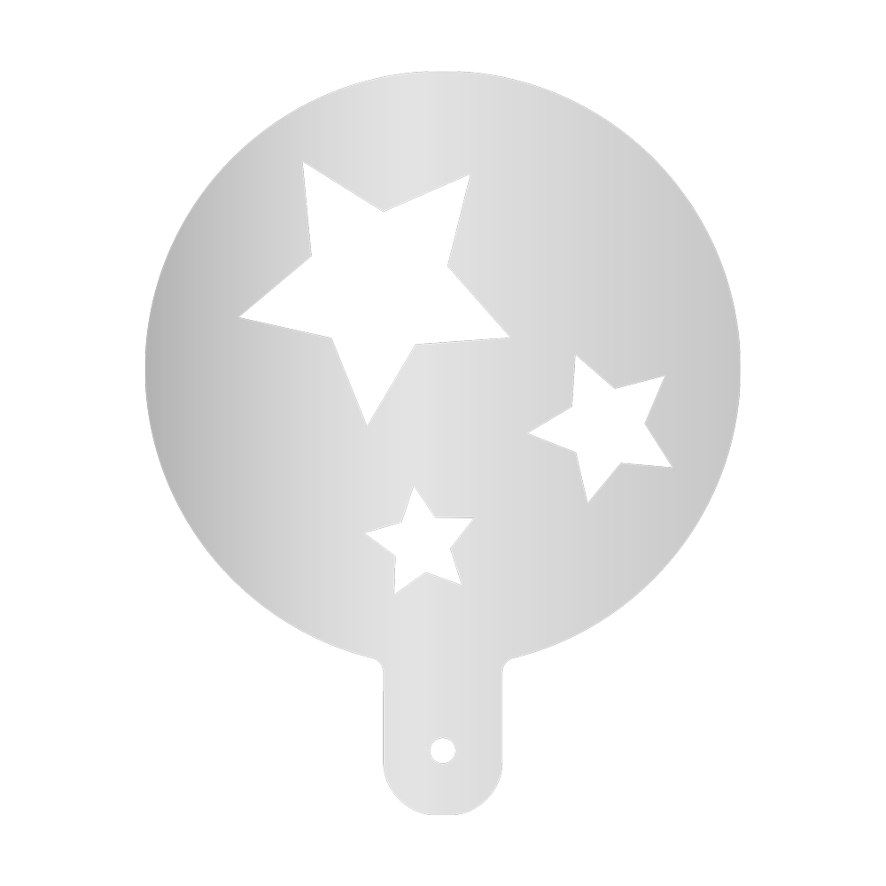 Runde Mehlschablone mit Griffstück mit einem Ausschnitt in der Mitte in Form von drei Sternen. Ohne Hintergrundbild.