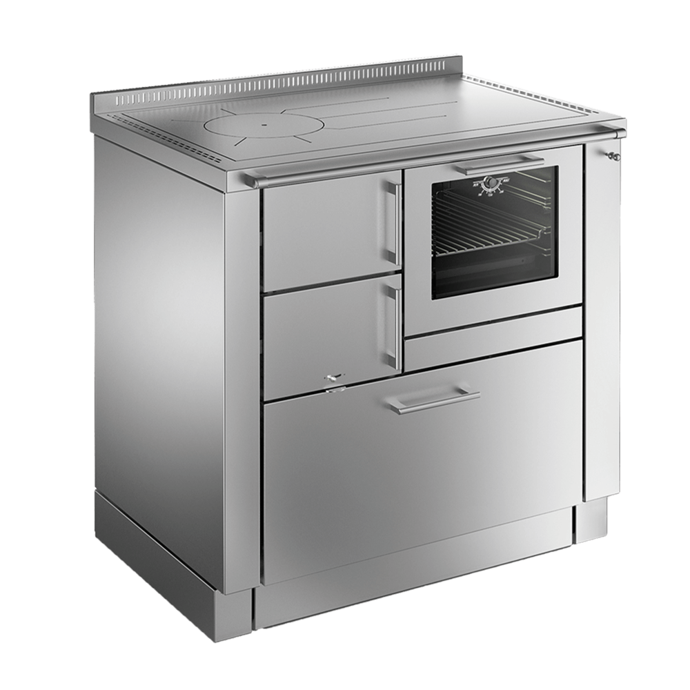 Ökoalpin 90 Holz Küchenherd Ökoalpin 90 mit Edelstahl-Seitenwänden in frontaler Ansicht ohne Hintergrund.