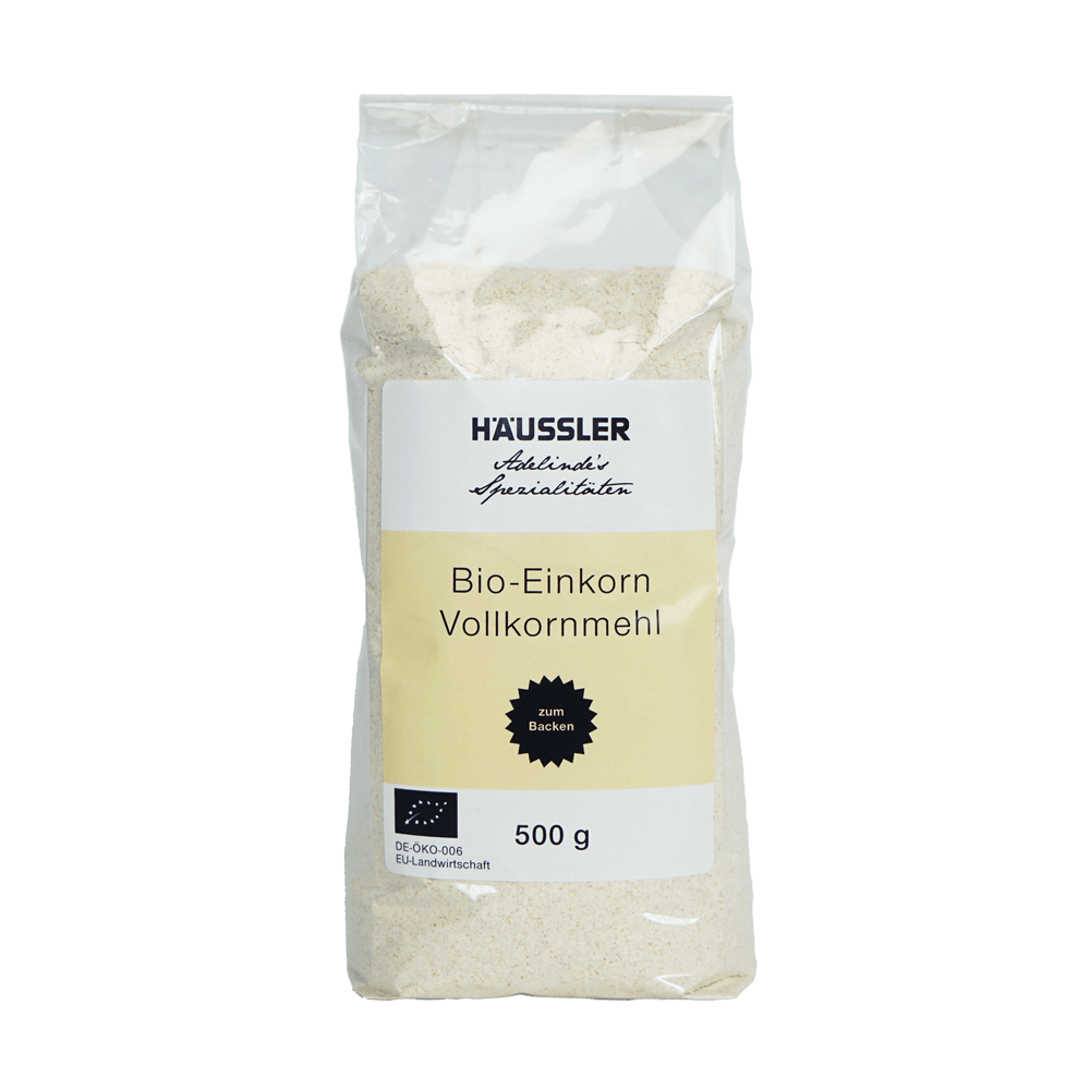 Einkorn Vollkornmehl Bio Einkorn Vollkornmehlpackung in frontaler Ansicht ohne Hintergrund.