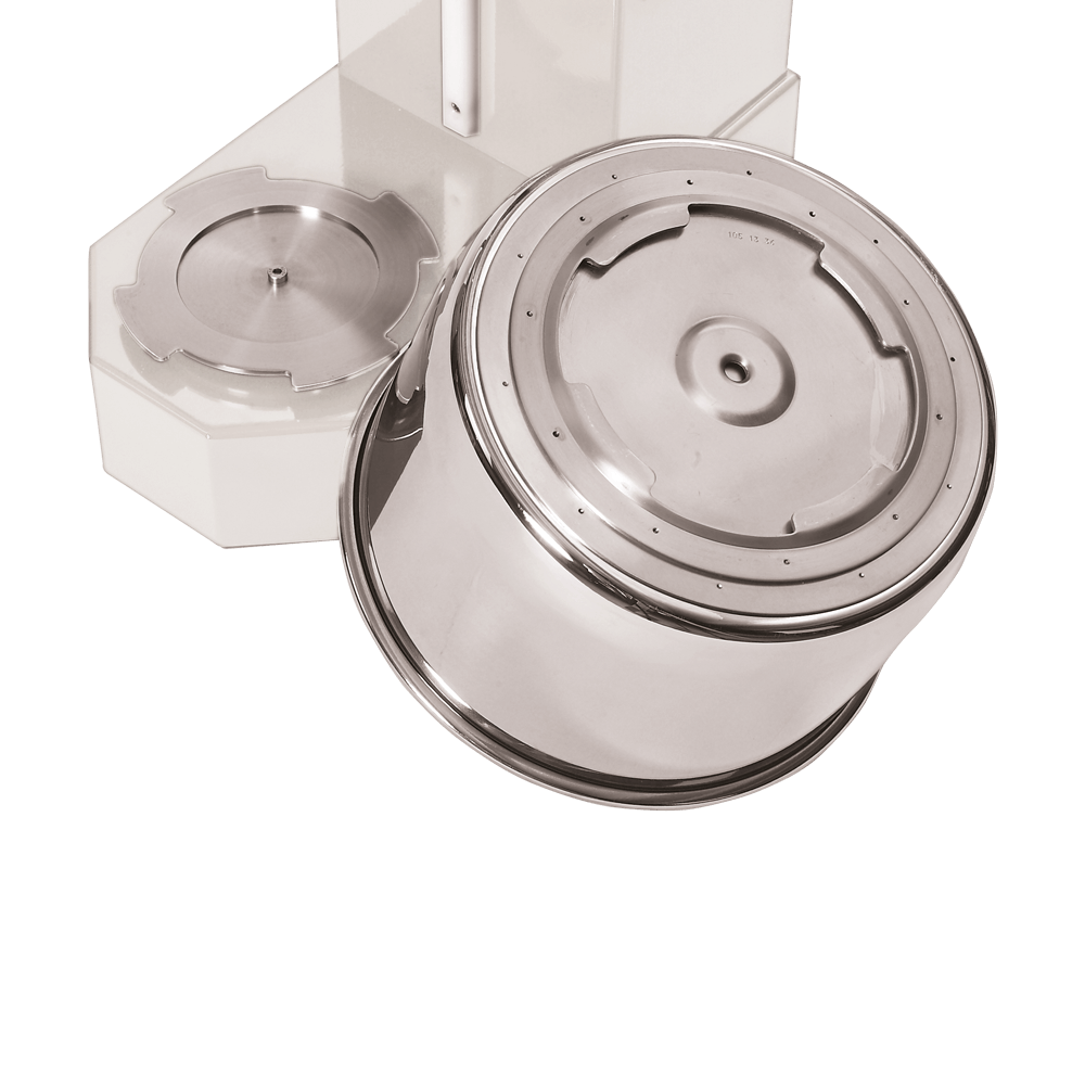 Teigknetmaschine Alpha 1G weiß, Detailansicht Teigkessel von unten und Kesselaufnahme an Maschine