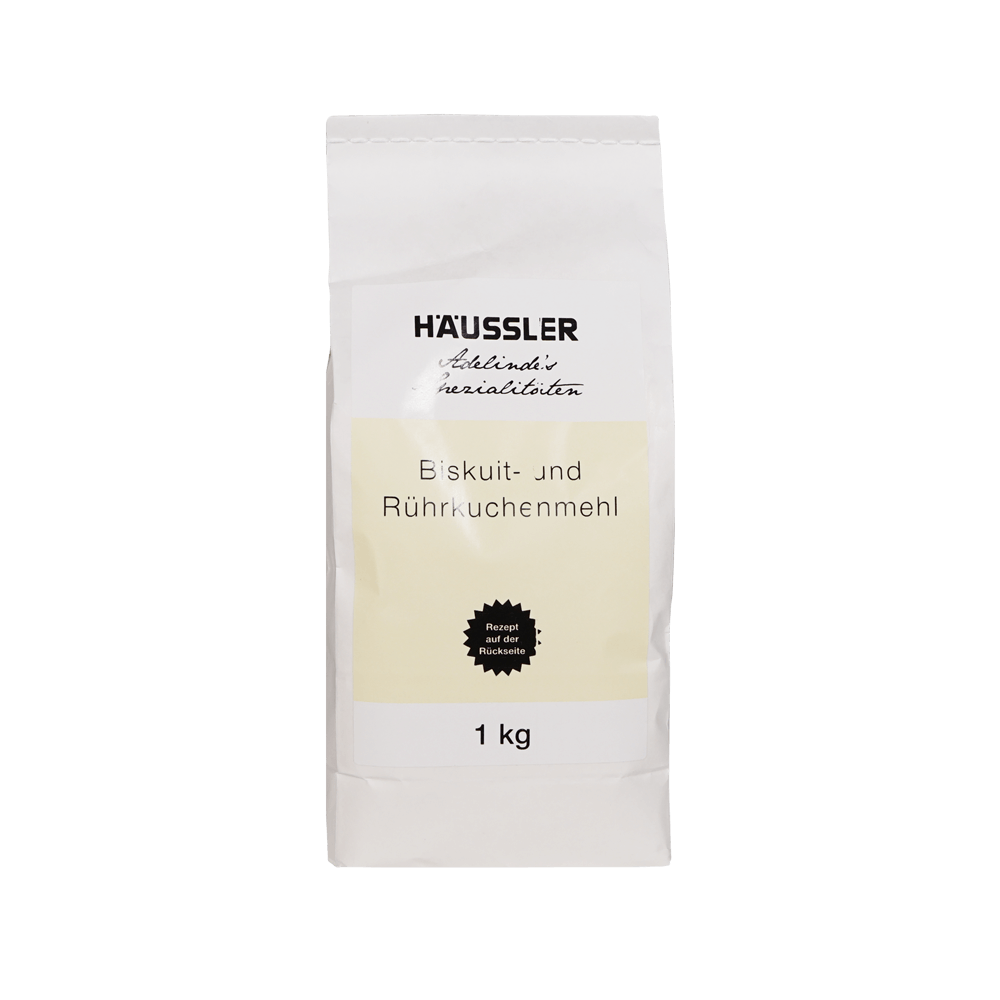 Biskuit- und Rührkuchenmehl 1 kg Weiße Verpackung mit gelbem Aufkleber: Biskuit- und Rührkuchenmehl 1 Kilogramm