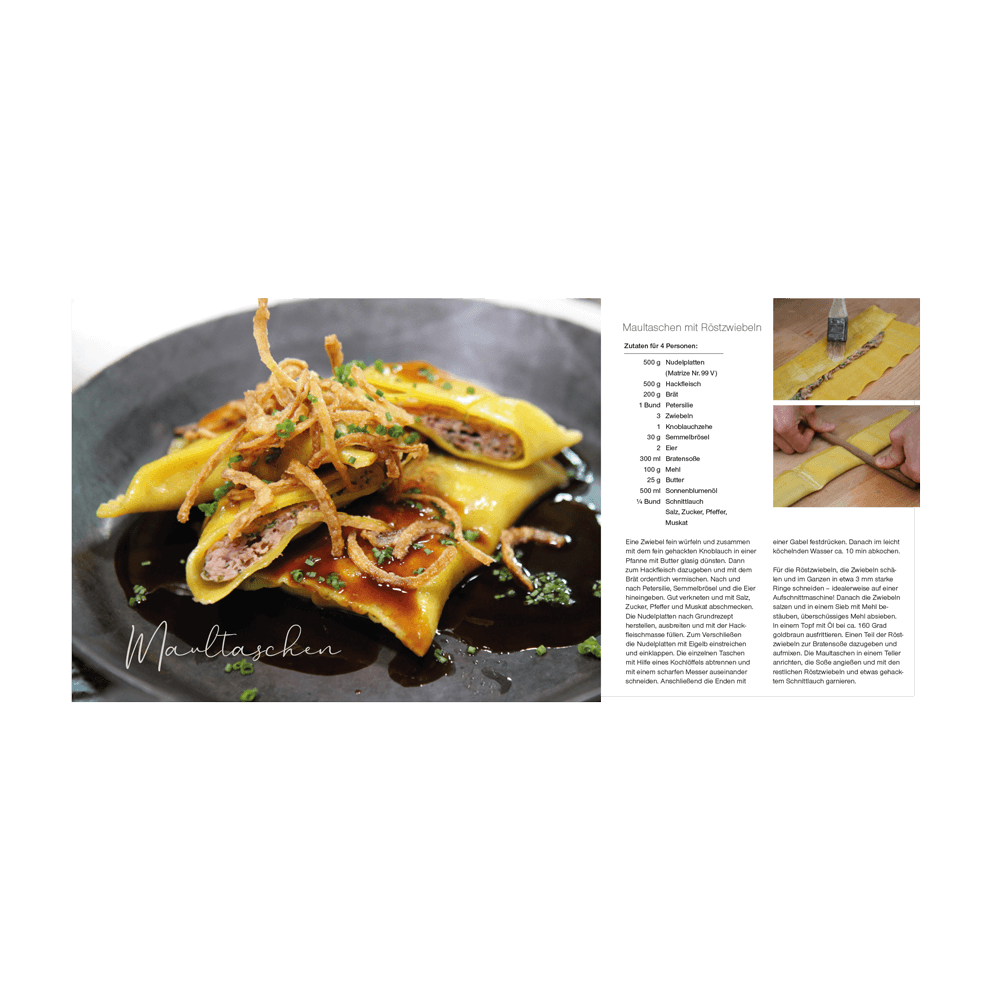 Häussler Buch: Nudelmachen mit der Häussler Nudelmaschine Rezept-Auszug aus dem Häussler Buch: Nudelmachen mit der Häussler Nudelmaschine. Darauf sind Maultaschen mit Zwiebeln zu sehen