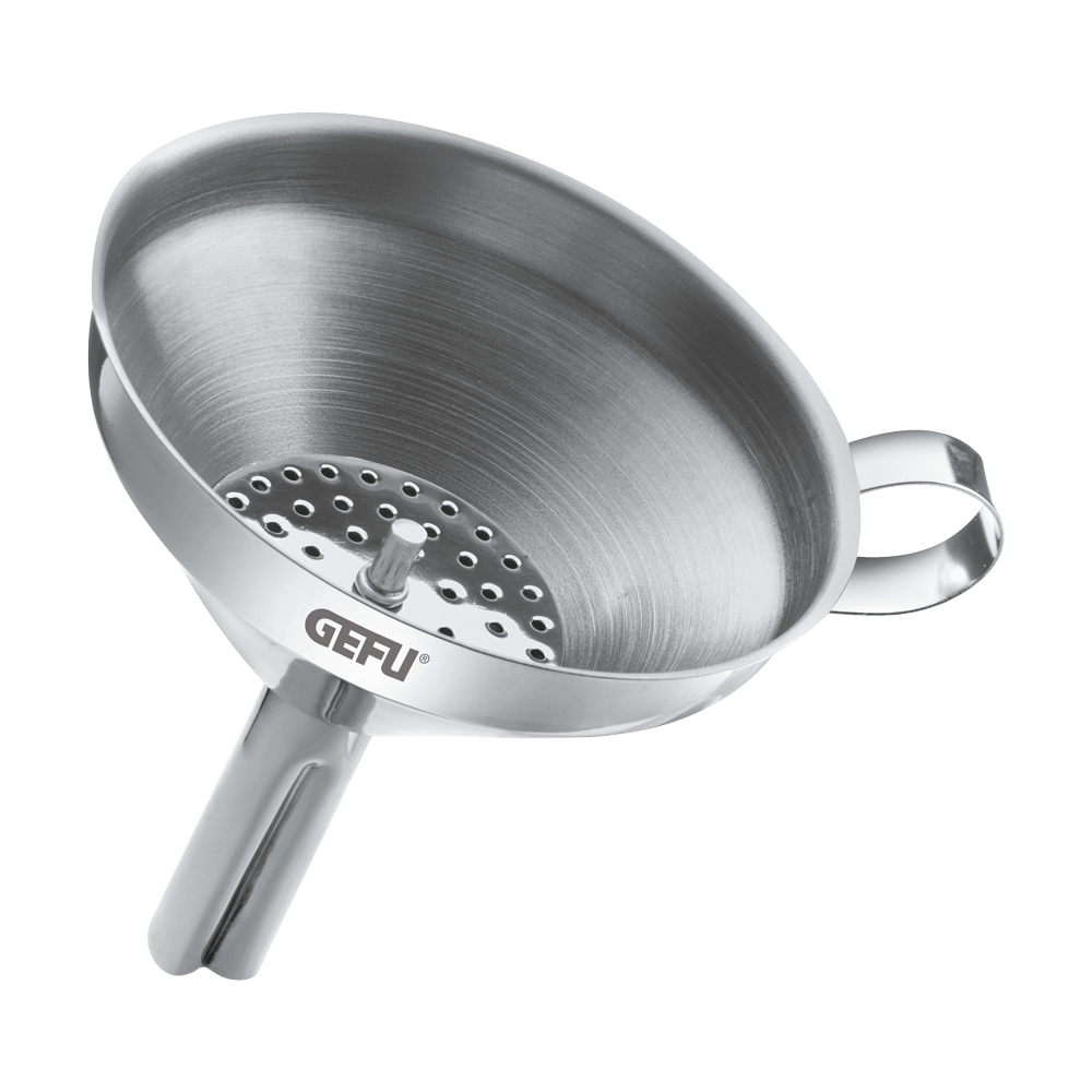 Einfülltrichter Ø 10,5 cm Einfülltrichter aus Edelstahl mit integriertem Sieb und seitlichem Griff ohne Hintergrund.