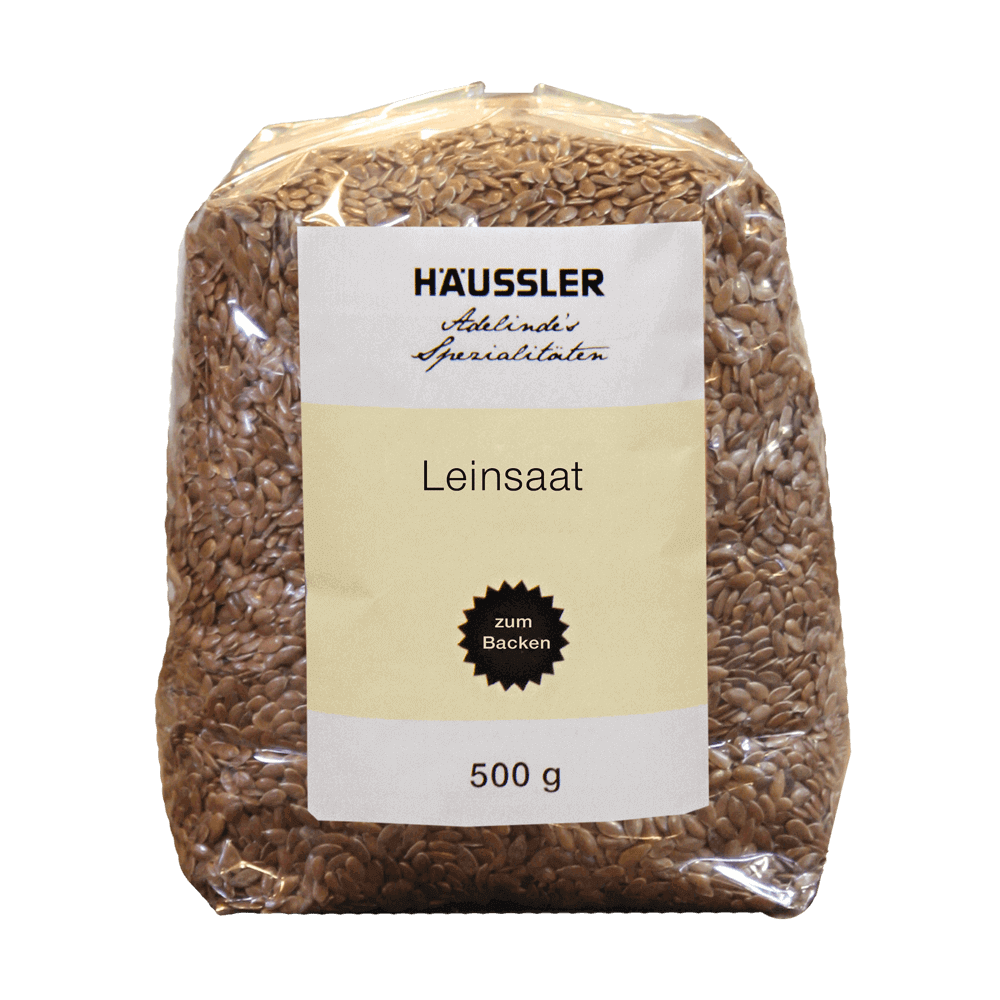 Durchsichtige Verpackung mit gelbem Aufkleber und der Aufschrift Leinsaat 500 g