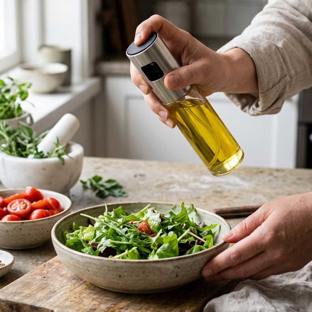 Der Salat wird mit dem Ölsprüher verfeinert.