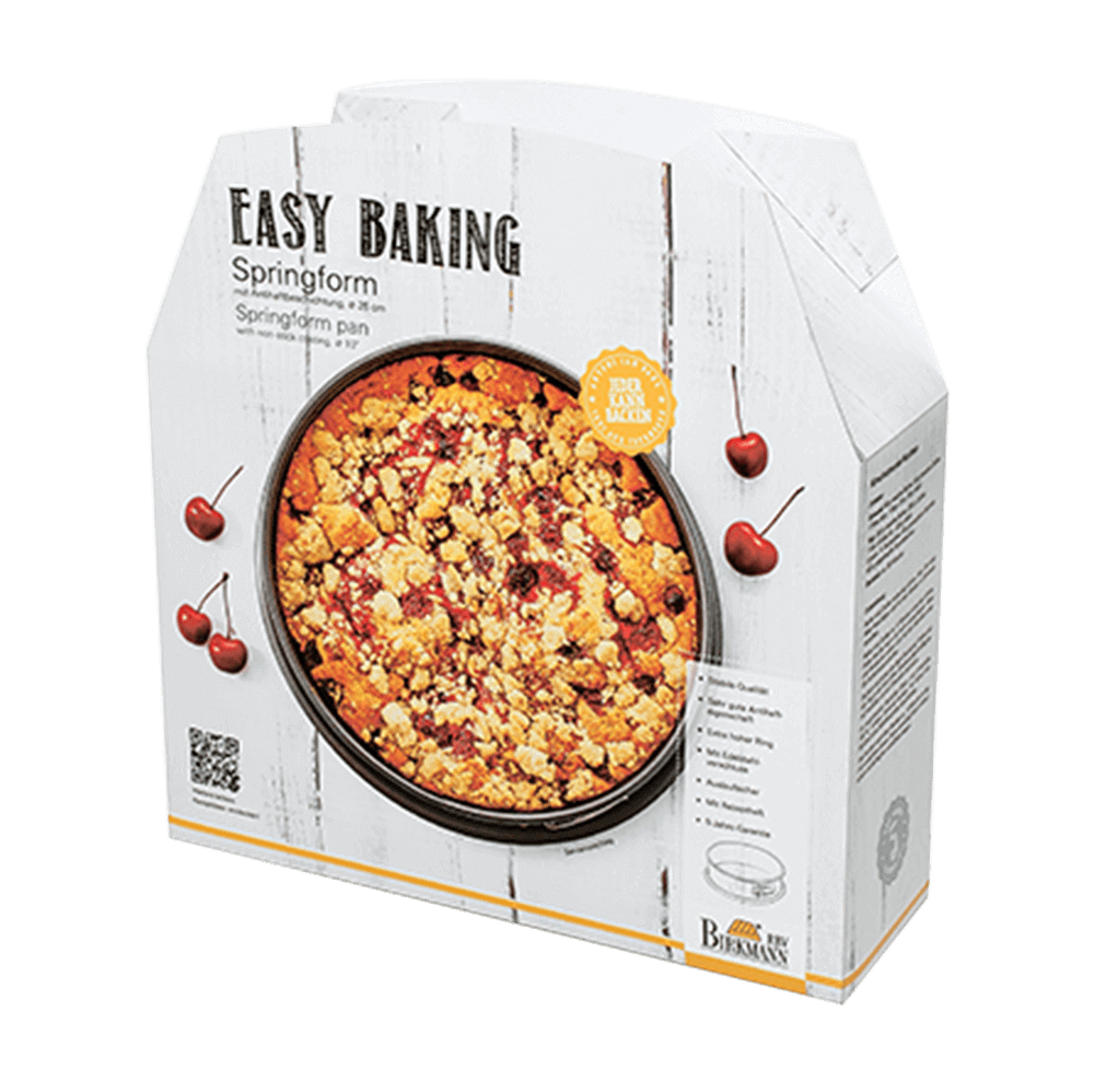Easy Baking Springform (Kuchenform) Weiße Verpackung mit der Aufschrift Easy Baking und darauf ist eine Kuchenform mit Streuselkuchen abgebildet und die Verpackung ist ohne Hintergrund abgebildet