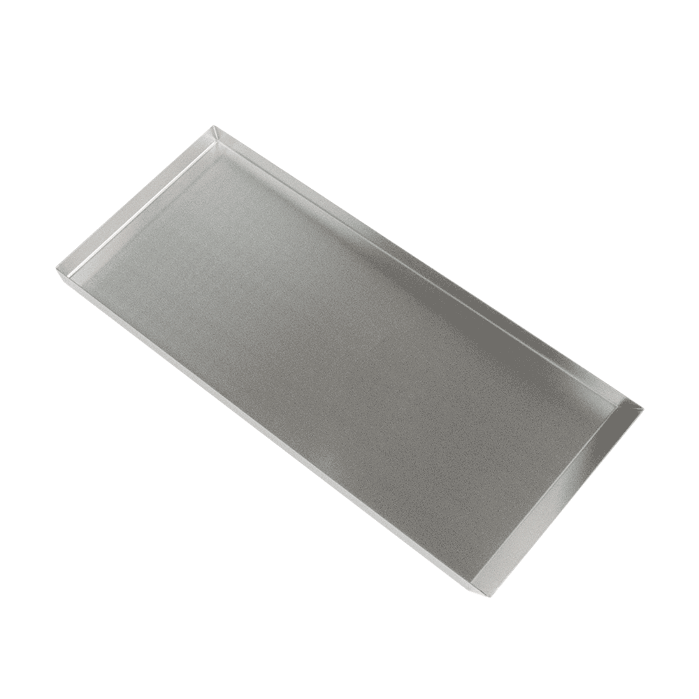 Backblech Edelstahl 34x100 cm Backblech aus Edelstahl mit den Maßen 34 auf 100 Zentimeter und einer Randhöhe von 3 Zentimeter