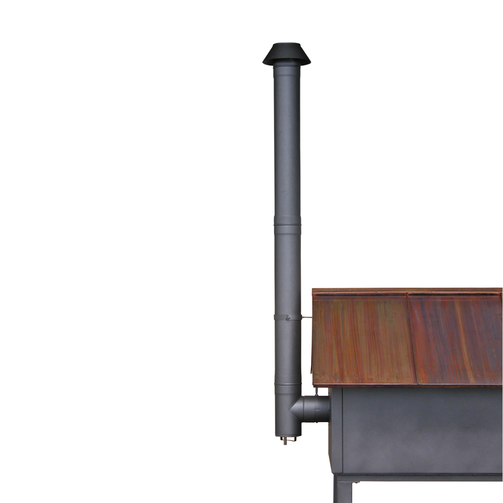 Rauchrohrabzug schwarz Rauchrohrabug schwarz an einem Holzbackofen mit Dach montiert