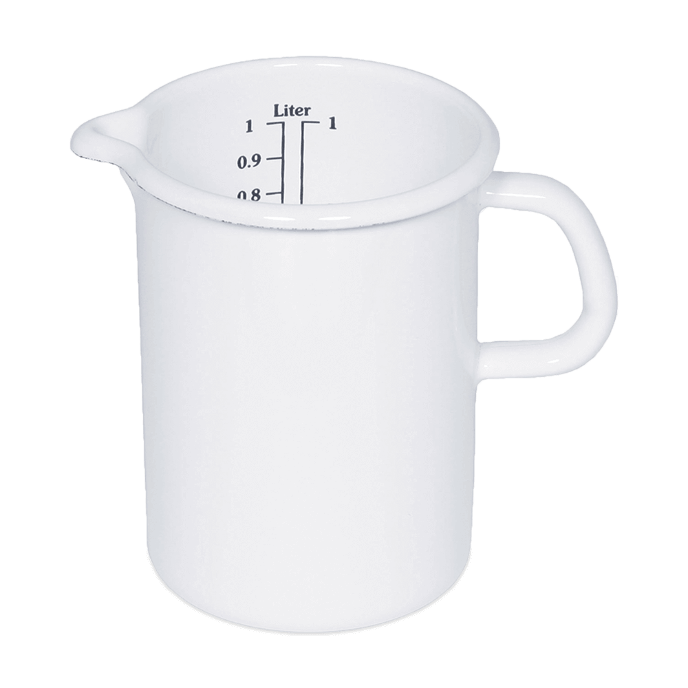 Messbecher aus Emaille Weißer Messbecher aus Emaille. Innen ist eine Messskala zu sehen. Der Messbecher hat einen Griff und einen Ausgießer.