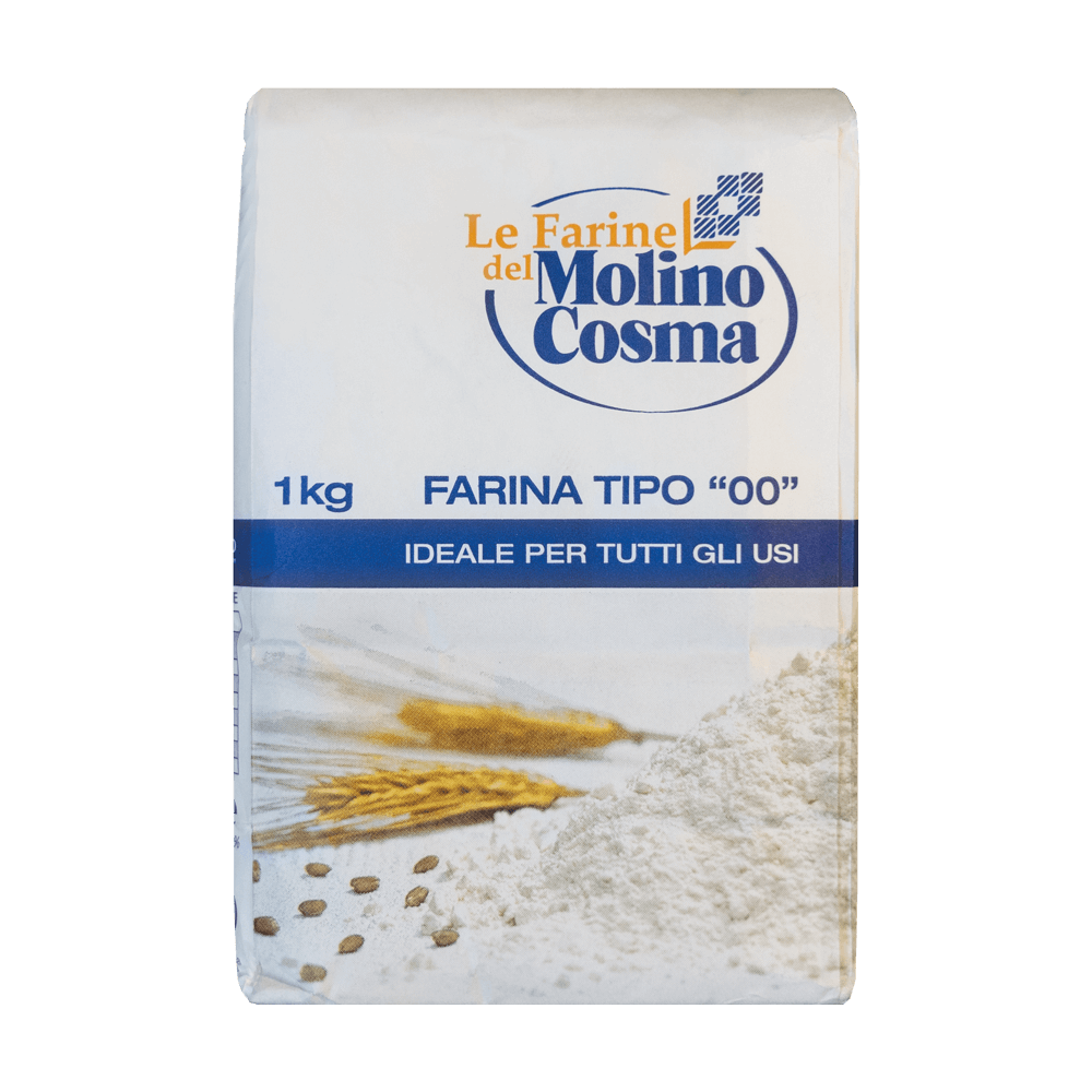 Tipo 00 1kg Mehlpackung mit Aufschrift Le Farine del Molino Cosma 1kg Farina Tipo 00 ideale per tutti gli usi. Darunter ist ein Bild mit Getreideähren, Körnern und Mehl