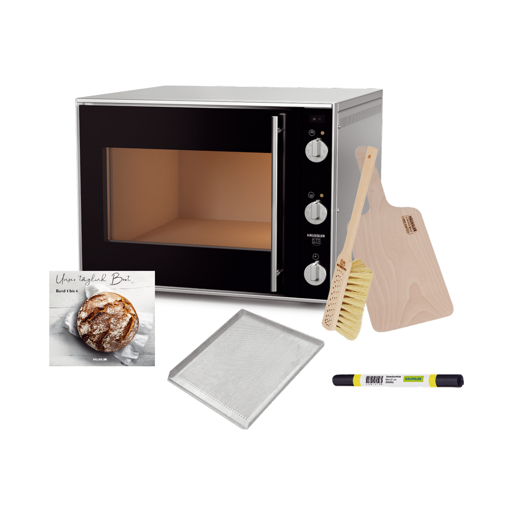 MONO Starterpaket Elektro-Steinbackofen Mono mit Alu-Backblech, Dauerbackfolie, Handbesen, Backschieber, und Buch-Set "Unser Täglich Brot Band 1 bis 4"