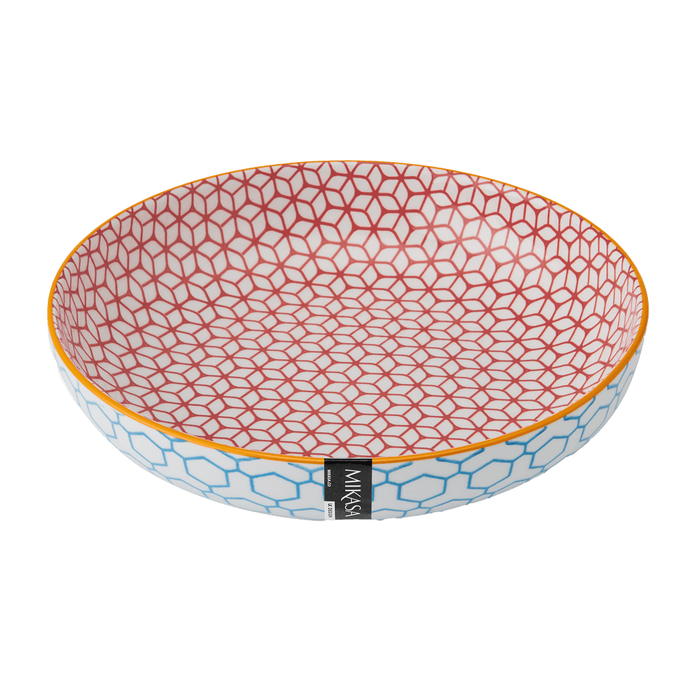 Pasta Bowl mit rotem Muster innen und blau weißem Muster außen, ohne Hintergrund.