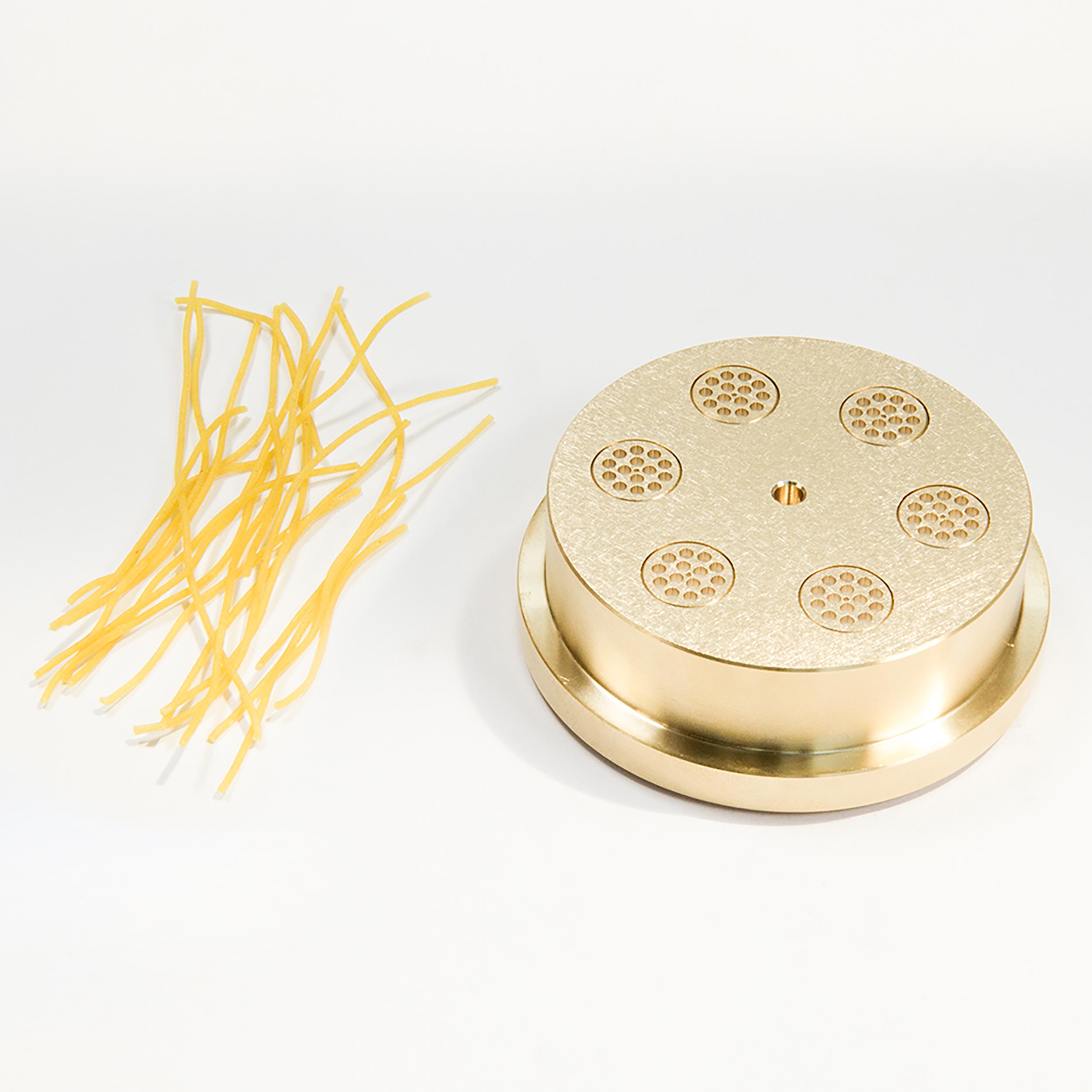 Matrize Nr.2 , Pasta 300 Matrize Spaghettini, Messinmatrize und Beispielnudeln