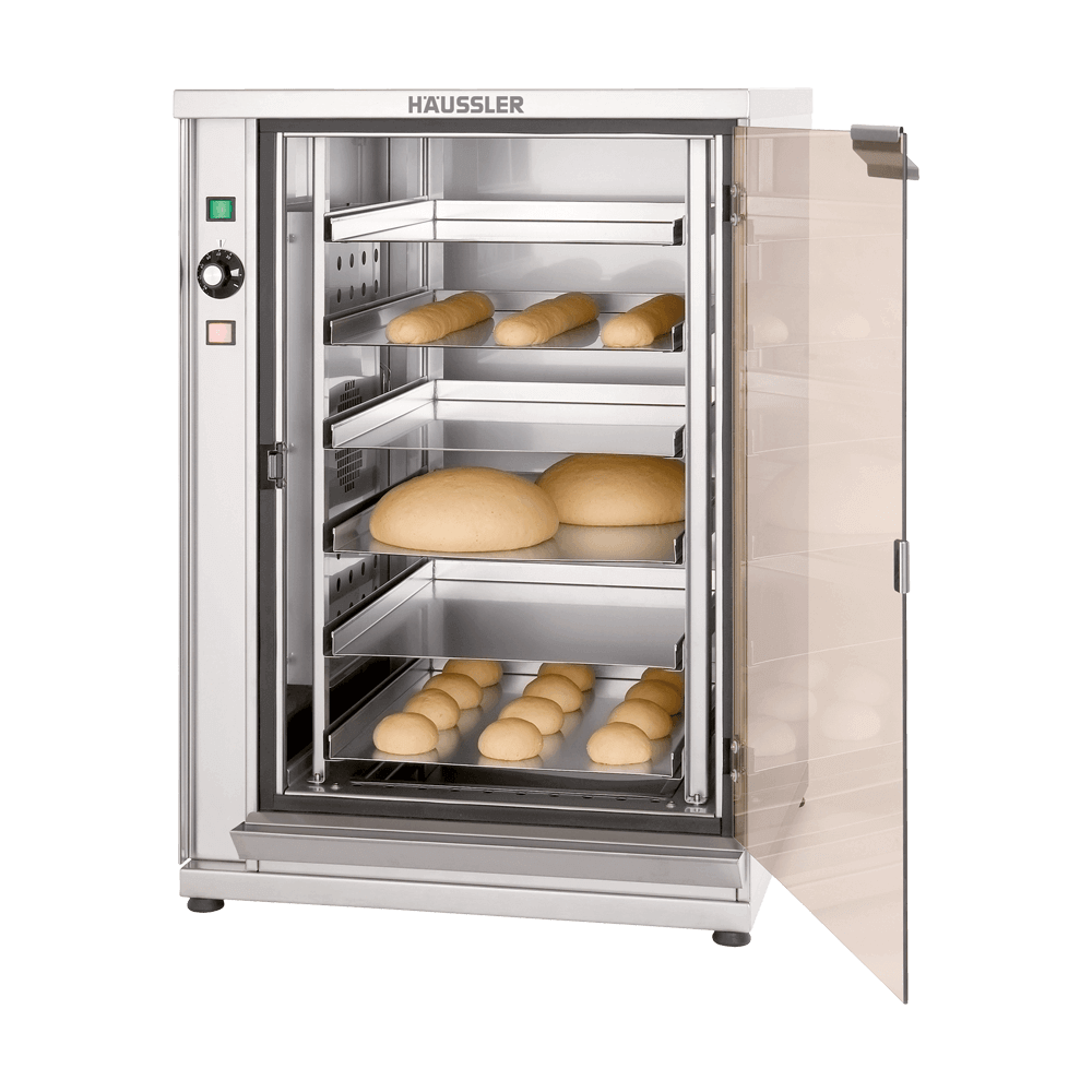 Gärschrank aus Edelstahl mit geöffneter Glastüre und Teiglinge im inneren