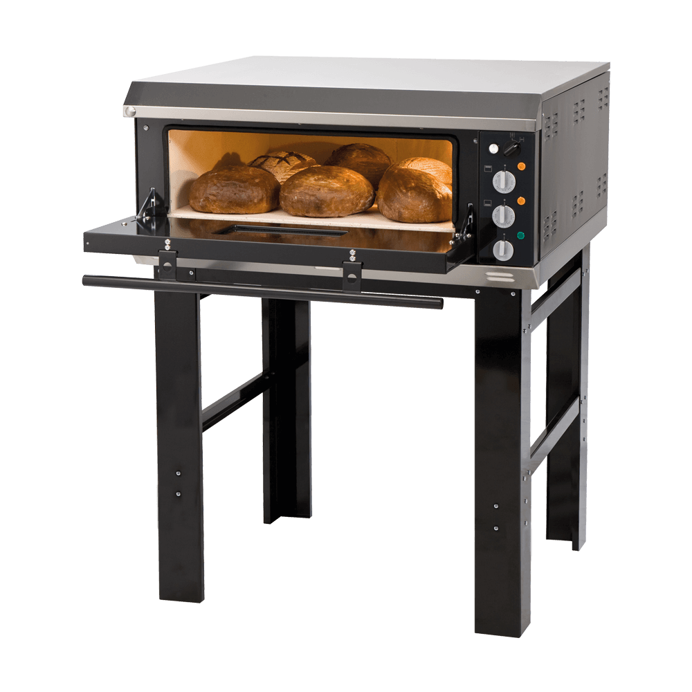 Elektro-Steinbackofen mit Füßen und it geöffneter Türe und Brot im Ofen