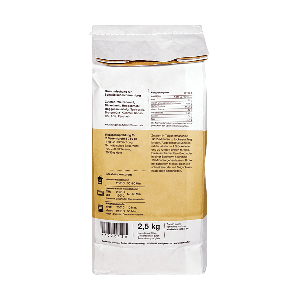 Schwäbisches Bauernbrot 2,5kg Backmischung für schwäbisches Bauernbrot in einer 2,5kg Packung. Das Bild zeigt die Rückseite der Verpackung mit Nährwerttabelle und einer Rezeptempfehlung.