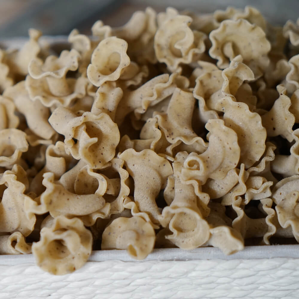 Rezept Nudeln mit Hanfschrot selbstgemachte Nudeln aus Hanfschrot und Dinkelgrieß und Tulpenform in einer weißen Schale