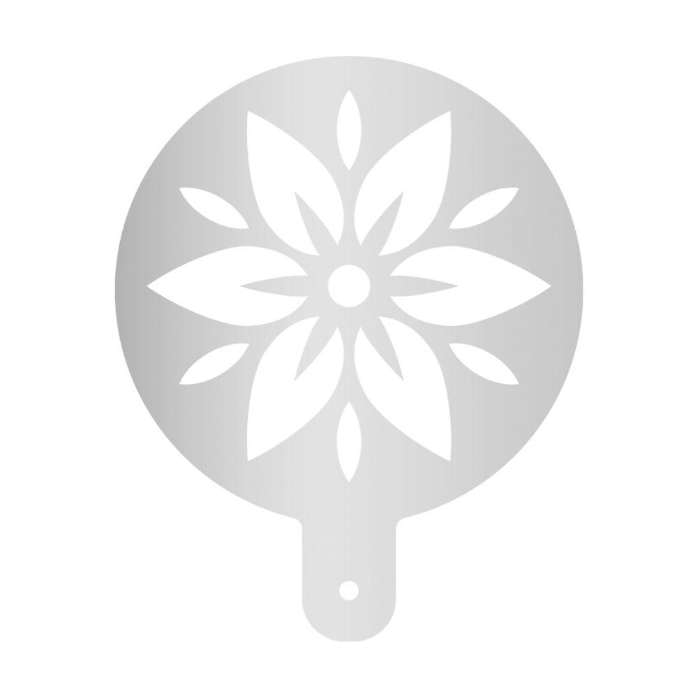 Mehlschablone Blüte Runde Mehlschablone mit Griffstück mit einem Ausschnitt in der Mitte in Form einer Blüte. Ohne Hintergrundbild.