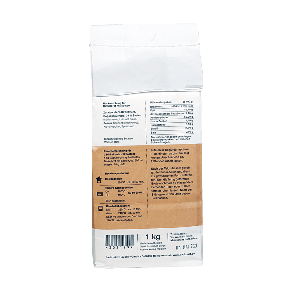 Backmischung für rustikales Dinkelbrot in einer 1kg Packung. Das Bild zeigt die Rückseite der Verpackung mit Nährwerttabelle und einer Rezeptempfehlung.