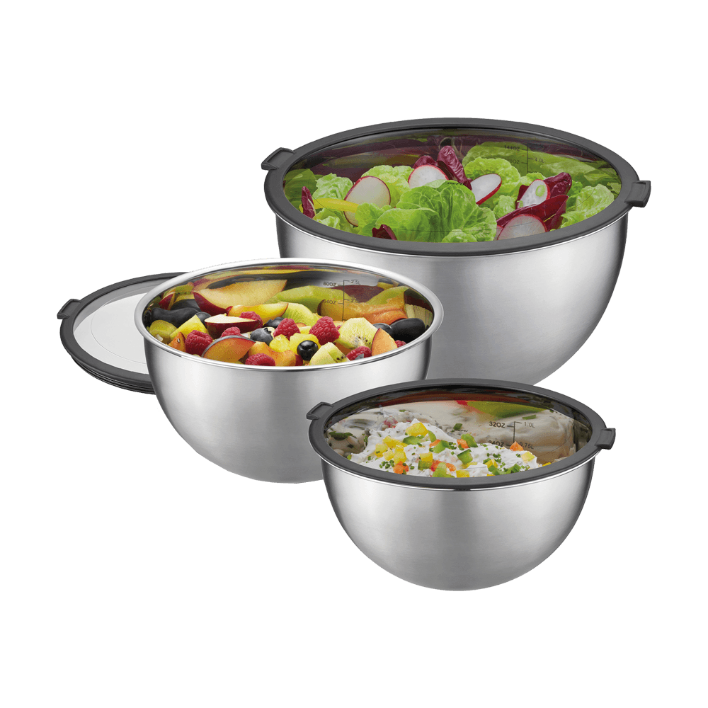 Frischhalteschüssel-Set 3-teilig 3 Frischhalteschüsseln. Eine mit Salat, eine mit Obstsalat und eine mit Schmand und Paprika.