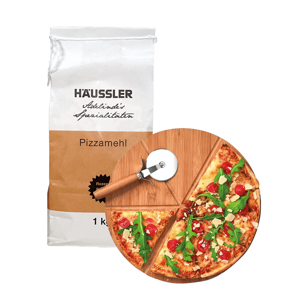 Backmischung Pizzamehl mit Rundem Servierbrett und Pizzarädchen