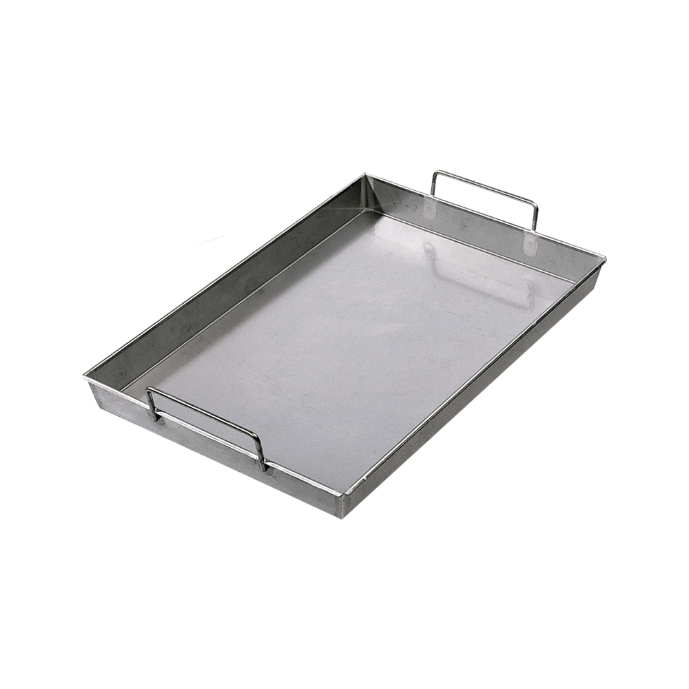 Bräter ideal für Familienfeste oder Backpartys Das Bild zeigt einen rechteckigen Bräter aus Edelstahl mit einer schlichten, funktionalen Optik. Der Bräter hat eine glatte, glänzende Oberfläche und ist mit zwei stabilen, hochstehenden Griffen an den kurzen Seiten ausgestattet.