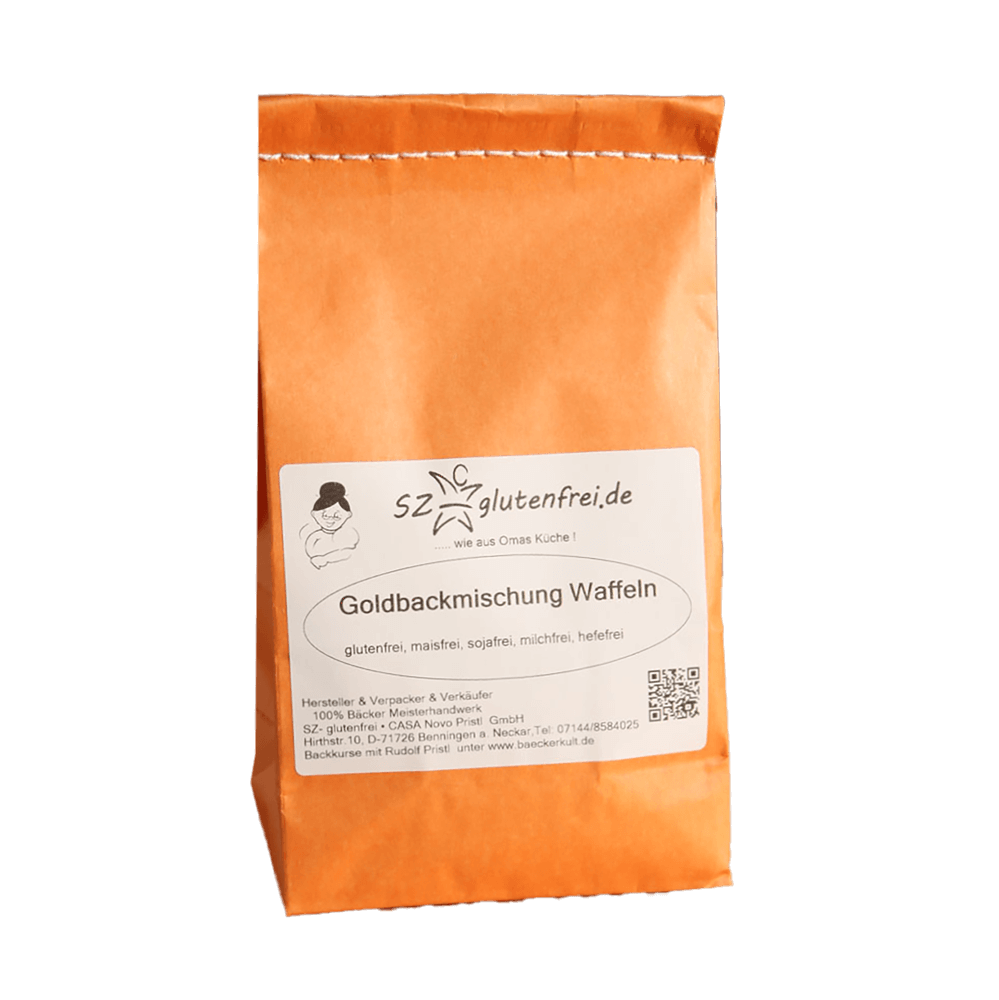 Glutenfreie Backmischung für Waffeln in orangener Papierverpackung ohne Hintergrund.