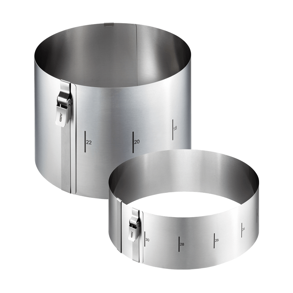 Tortenring mit Klemmhebel 2 verstellbare Tortenringe mit Klemmhebel, einer höher mit 15cm und der andere mit 10cm Höhe. Bild hat keinen Hintergrund