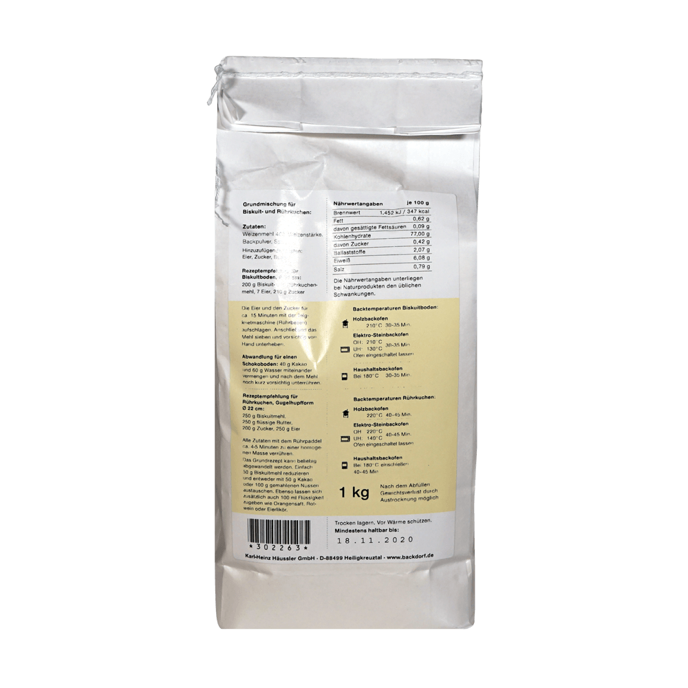 Weiße Verpackung des Biskuit- und Rührkuchenmehles mit einem Gugelhupf und Biskuitboden Rezept