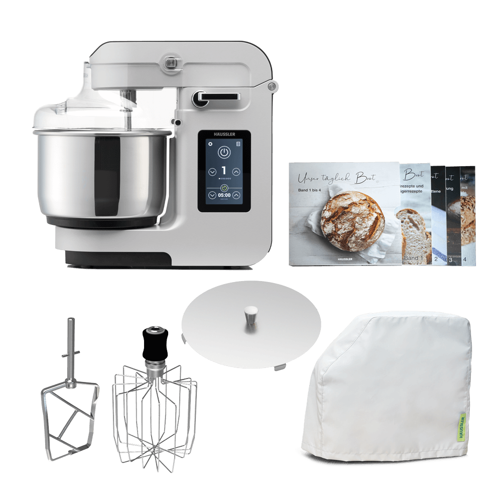 NOVA Teigknetmaschine in der Farbe weiß mit dem gesamten Zubehör, welches mitgeliefert wird, ohne Hintergrund.