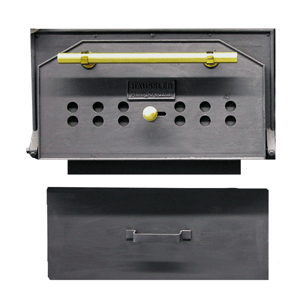 Türmodell E Ofentüre aus Guss zum Nachrüsten eines Holzbackofens ohne Motiv. Zusätzlich ist noch ein Aschekasten aus Guss vorhanden. Ohne Hintergrund abgebildet.