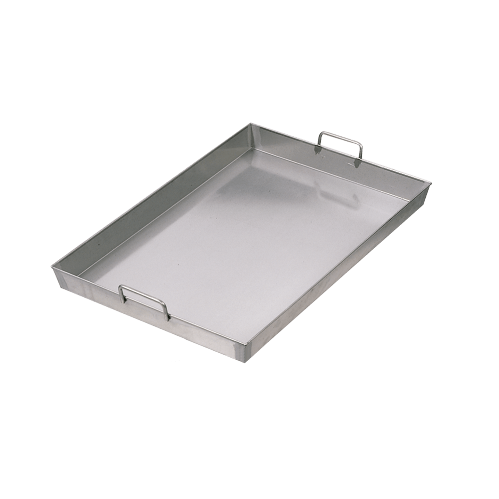 Bräter ideal für Familienfeste oder Backpartys Das Bild zeigt einen rechteckigen Bräter aus Edelstahl mit einer schlichten, funktionalen Optik. Der Bräter hat eine glatte, glänzende Oberfläche und ist mit zwei stabilen, hochstehenden Griffen an den kurzen Seiten ausgestattet.