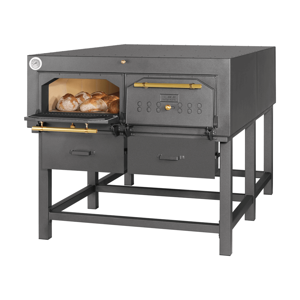 Holzbackofen HABO 30 Holzbackofen HABO 30, eine Backofentür ist geöffnet und man kann die Brote darin sehen. Farbe: anthrazit