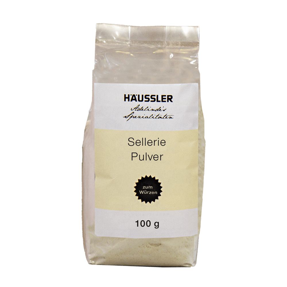 Sellerie Pulver 100 g Durchsichtige Verpackung mit der Aufschrift: Sellerie Pulver 100 Gramm