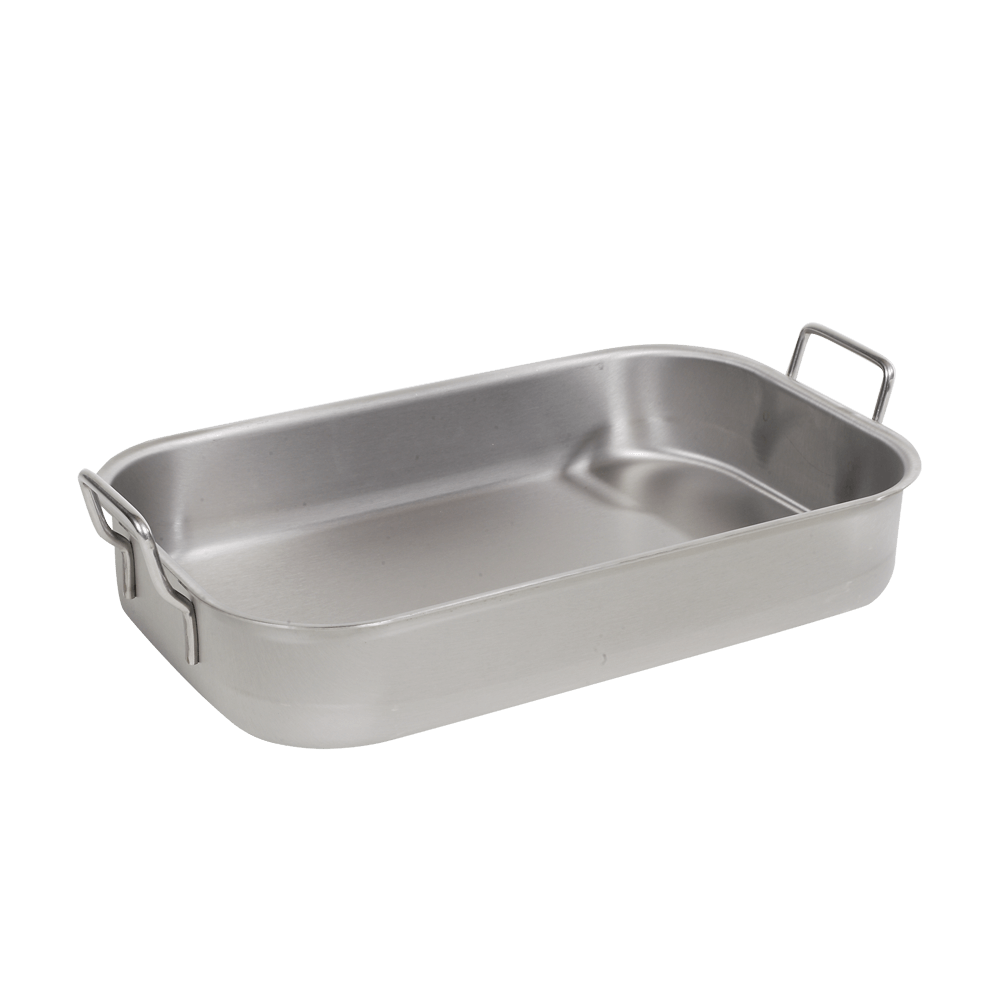 Bräter ideal für Familienfeste oder Backpartys Das Bild zeigt einen rechteckigen Bräter aus Edelstahl mit einer schlichten, funktionalen Optik. Der Bräter hat eine glatte, glänzende Oberfläche und ist mit zwei stabilen, hochstehenden Griffen an den kurzen Seiten ausgestattet.