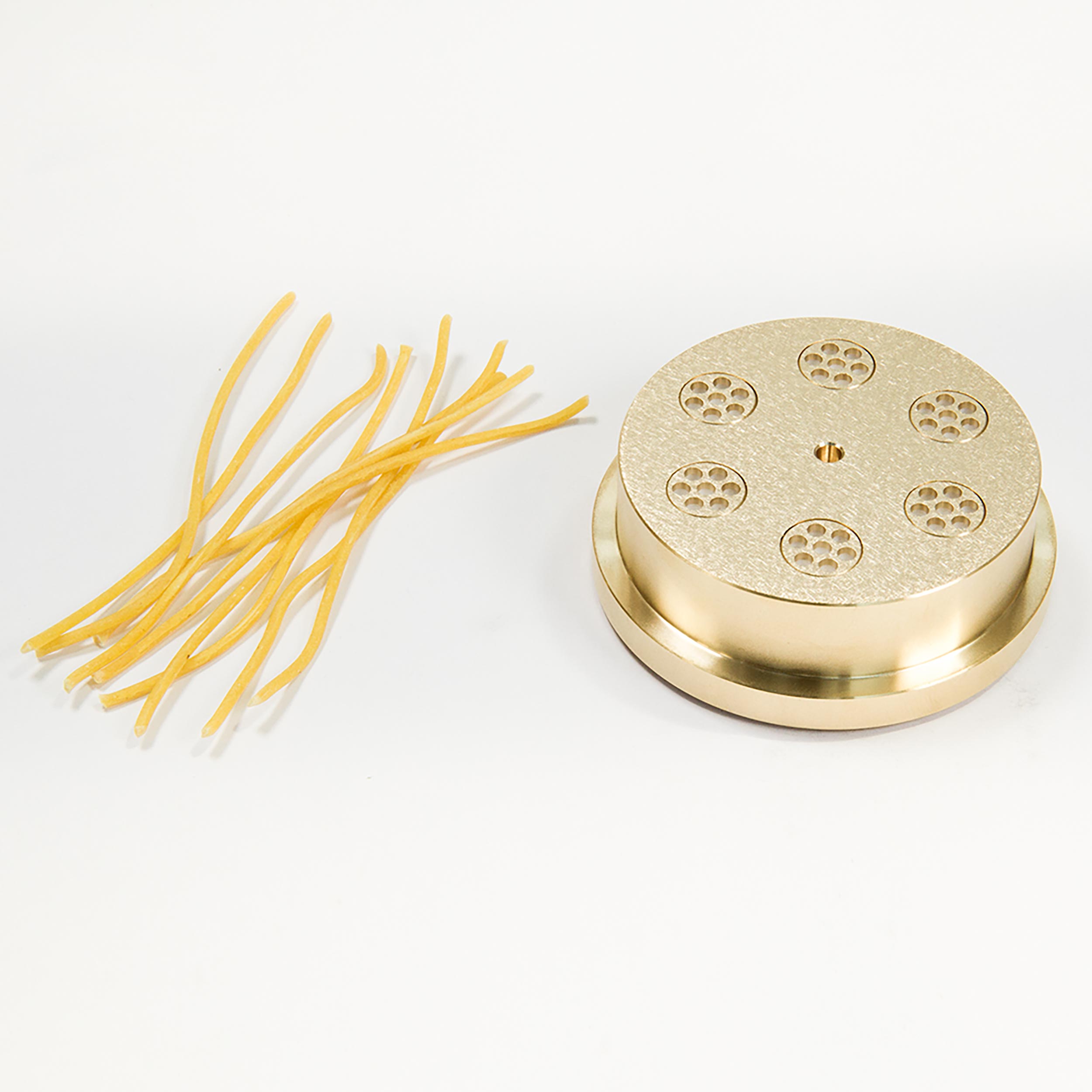 Matrize Nr. 5, Pasta 300 Matrize Spaghetti mit Beispielnudeln, Messingmatrize