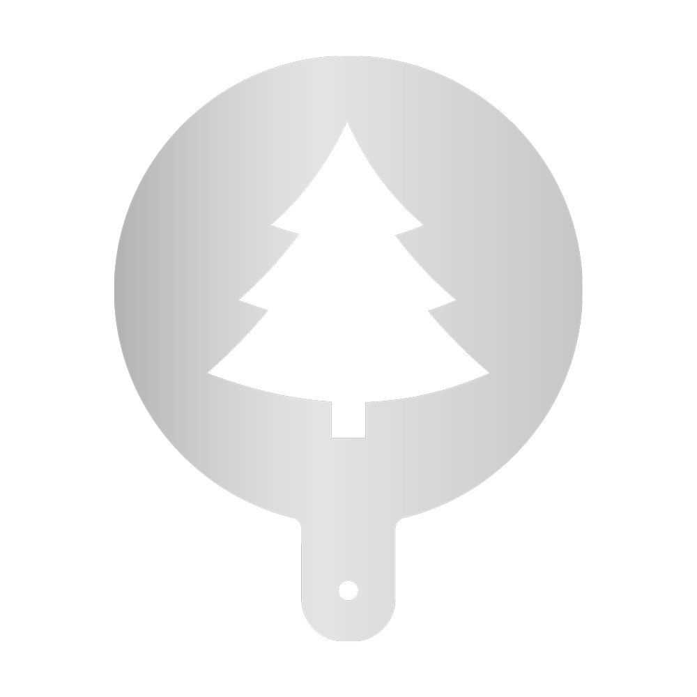 Mehlschablone Tannenbaum Runde Mehlschablone mit Griffstück mit einem Ausschnitt in der Mitte in Form eines Tannenbaums. Ohne Hintergrundbild.